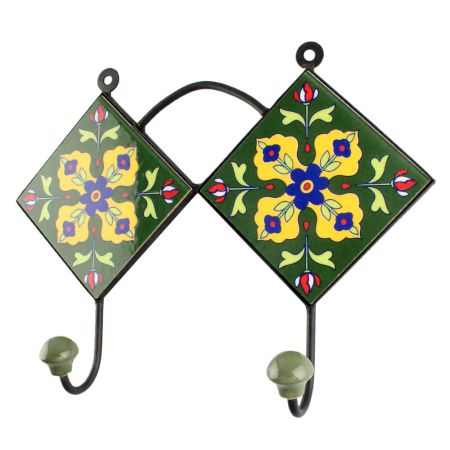 Forest Green Floral Ceramic Tile Hook